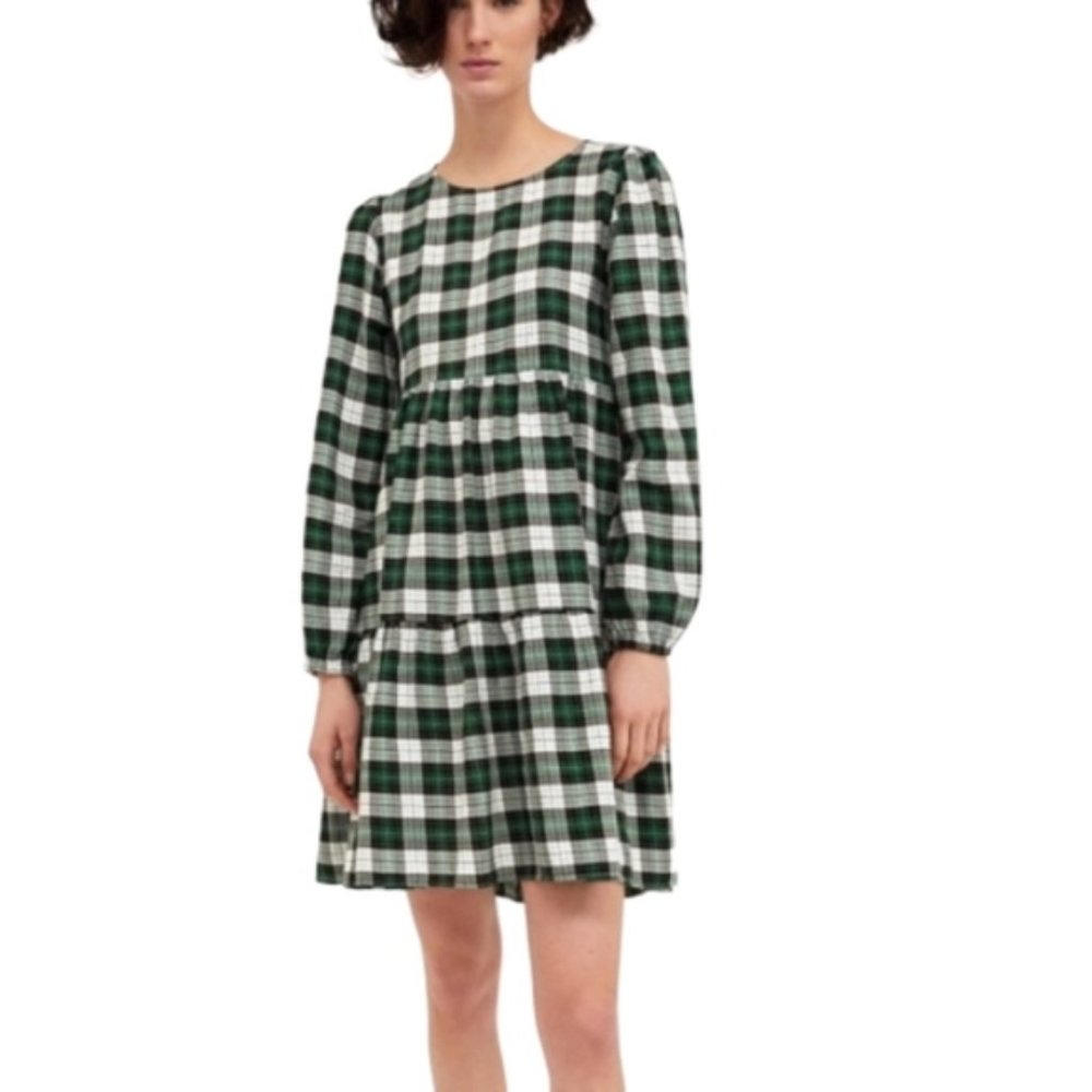 Zara Green and White Plaid Tiered Dress
